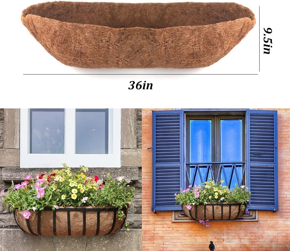 2 Pack Trough Coco Liner Fiber Replacement for Planters, 24/30/36/48 inch Half Moon Coconut Coir Planter for Window Box/Hanging Trough Planter, Garden Flower Vegetables Pot, Fence Flower Baskets