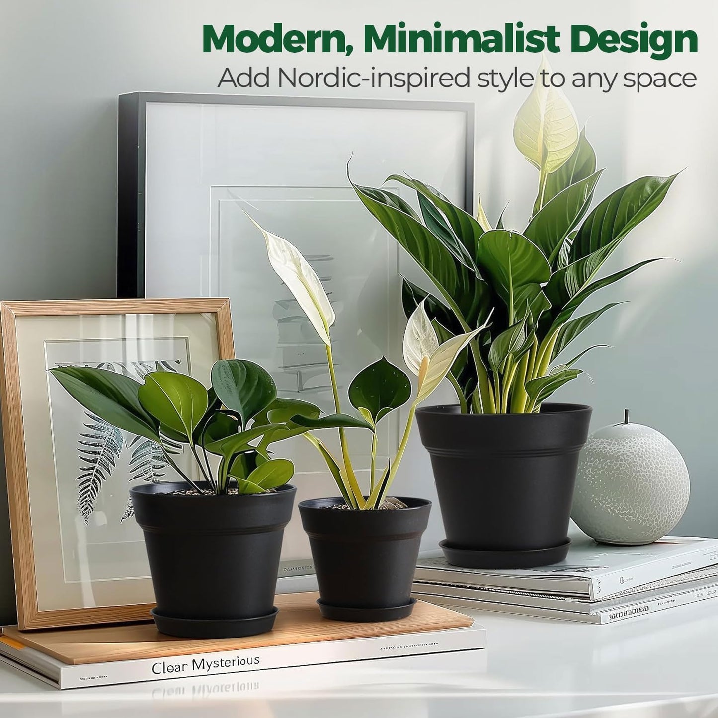 T4U 4 Inch Plant Pots 8-Pack, Small Flower Pots with Drainage Hole and Saucer, Decorative Nursery Pot Bulk for African Violet, Snake Plant, Succulent, Herb and Plants Indoor (8 Pcs 4" Pots, Black)