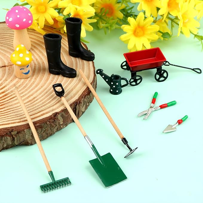 Miniature Fairy Garden Accessories Set 9 Pcs 1:12 Mini Metal Spade Pestle Kettle Wagon Rake Garden Watering Supplies Micro Landscape Ornaments Dollhouse Accessories
