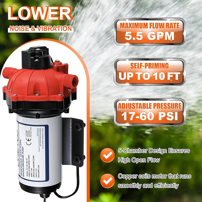 Dreyoo Water Diaphragm Pump, 115V AC, 5.5 GPM, 60 PSI Rated Pressure, 1/2" Threaded MNPT Self Priming Diaphragm Pressure Pump with Pressure Switch for Home, RV, Garden Agricultural Irrigation (Orange)