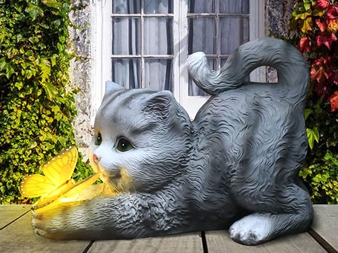 Solar Garden Statue Cat,Garden Figurine Outdoor Decoration with Cat Holding Butterfly for Yard,Patio,Lawn Art Decoration,Housewarming Gift