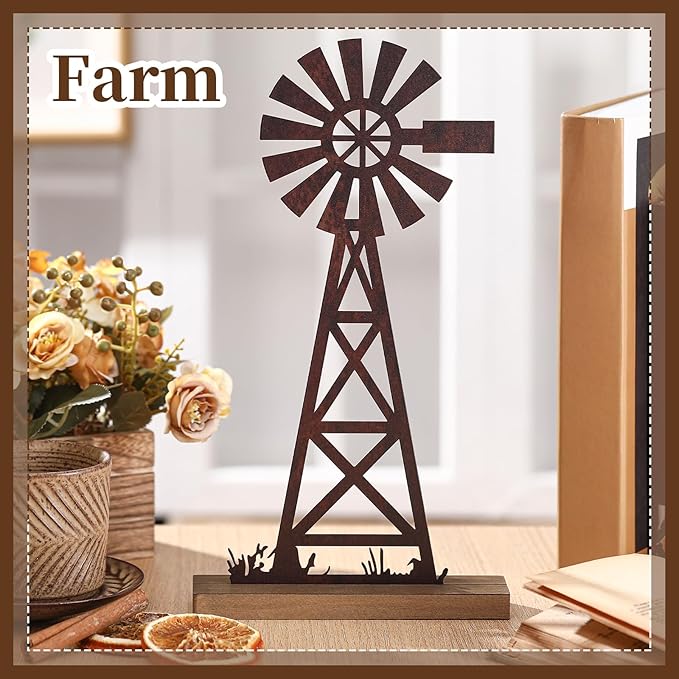 Tandefio Farmhouse Windmill Table Top Decor 11.8 Inch Metal Rusted Vintage Desk and Shelf, Decorative Farmhouse Kitchen Rustic Windmill Decor Rustic Home Decorations