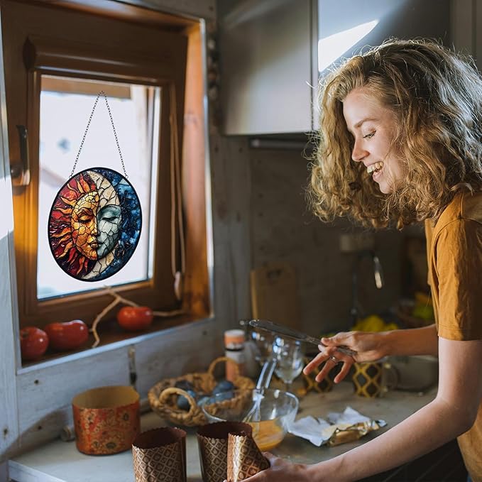 Sun and Moon Decor Suncatcher Stained Glass Window Hanging - Handmade Stained Glass Suncatchers Hanging Decoration with Metal Chain - Outdoor Garden Decor Gift for Women Christmas Thanksgiving Gifts