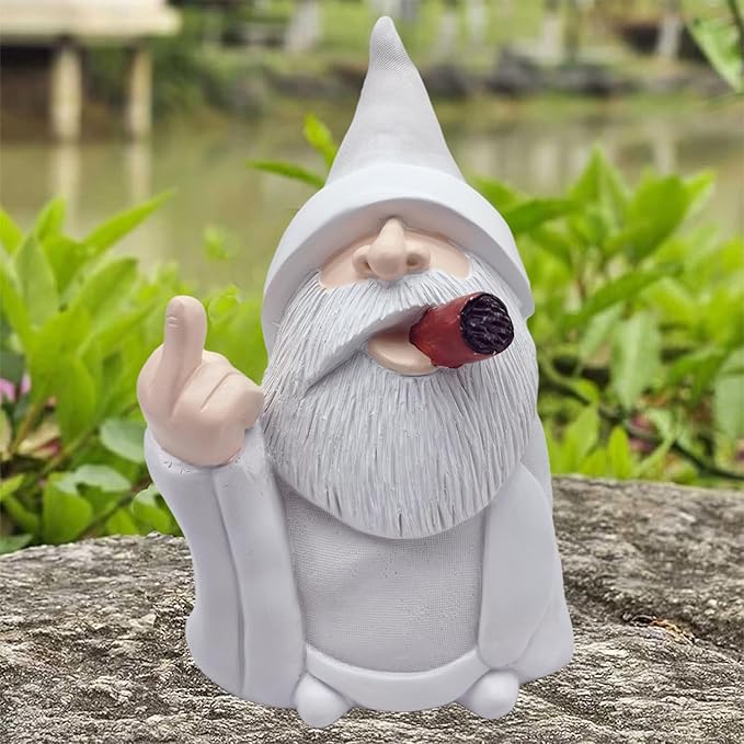 MINICAR 8'' H Funny Middle Finger Gnomes Statues Outdoor Decor, Naughty Smoking Wizard Sculptures Garden Yard Lawn Decorations, Unique Paintable Gifts