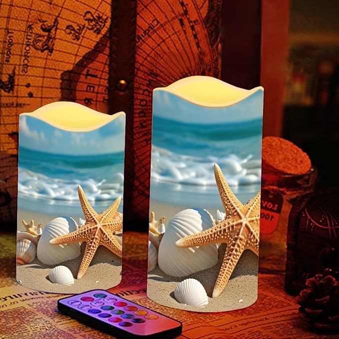 Ystardream Beach Starfish Flameless Candles with Remote Battery Operated Candles Realistic LED Candles with Remote and Timer Set of 4 for Valentines Home Wedding Birthday Decoration