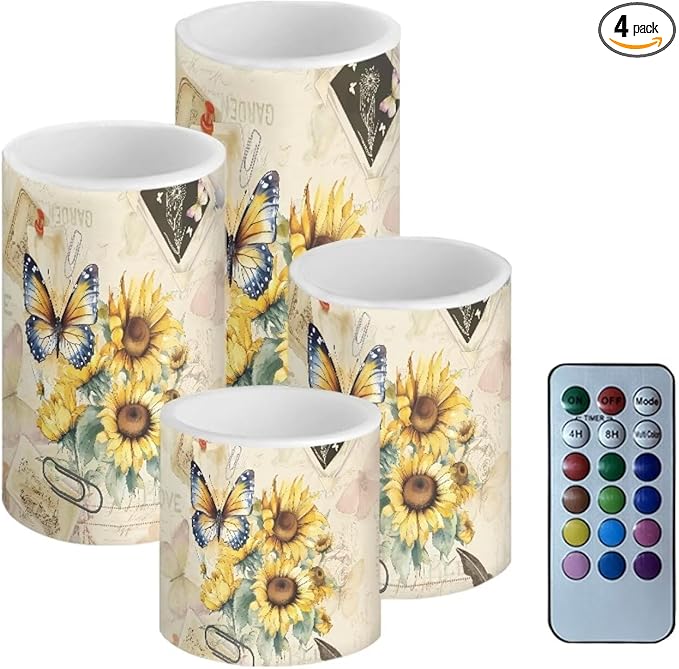 Flameless Candles Battery Powered LED Candles with Remote Timer Color Changing Control Long Lasting for Indoor Outdoor Home Table Decoration Set of 4, Butterfly Sunflower Retro