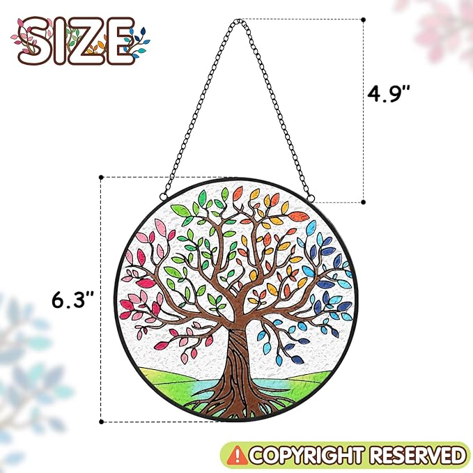 Tuitessine Tree of Life Stained Glass Suncatcher Four Season Theme Colorful Leaves Window Wall Hanging Ornament Hand-Painted Glass Panel Decor Gift for Women Christmas Thanksgiving Gift 6.3 * 6.3”