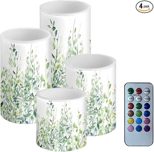 Flameless Light Candles 4 Pack Battery Operated with Color Changing Timer Remote Control Fake Pillar Candles Tealights Beach Wedding Home Indoor Decor, Leaf Green White