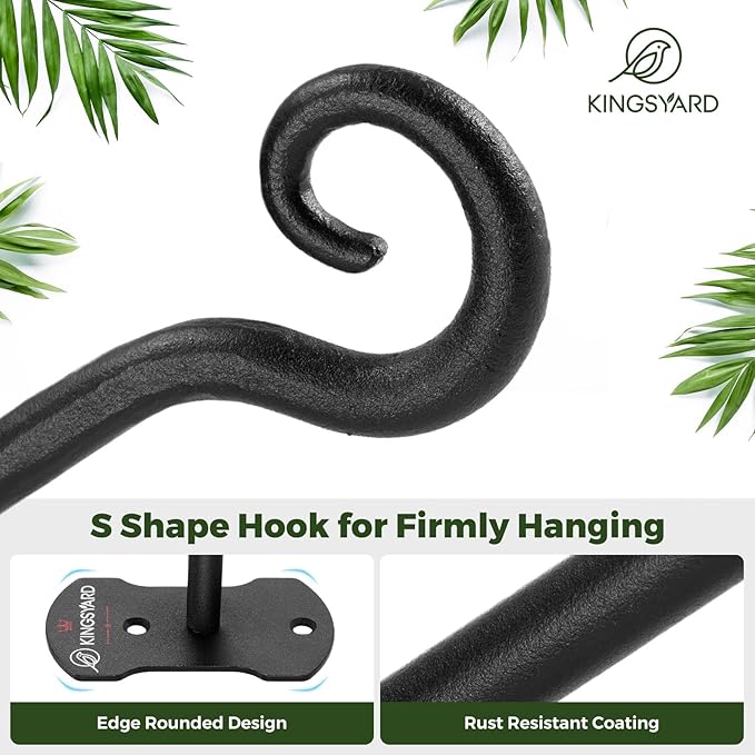 Kingsyard 2 Pack Wall Plant Hanger - Heavy Duty Metal Hanging Bracket Hooks for Hanging Plant Bird Feeders Lanterns Wind Chimes Indoor/Outdoor. Black