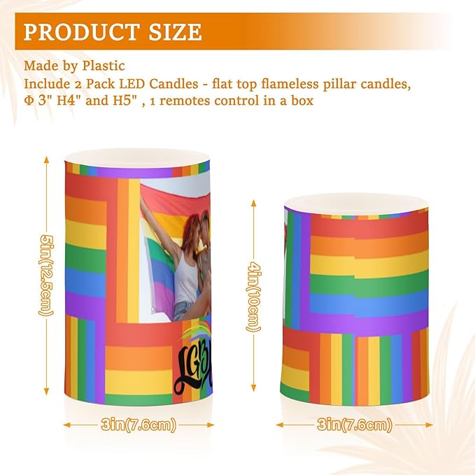 Vdsrup Flameless Candles Set of 2 LGBT Custom LED Candles with Timer Battery Operated Personalized Candle Lights Flickering with Remote for Home Bedroom Decor