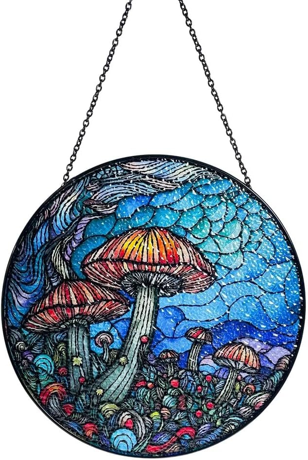 Stained Glass Window Hanging - 7.8‘’ "Enchanted Forest Mushroom Suncatcher for Home and Office Décor Sun Catcher Circular Artwork