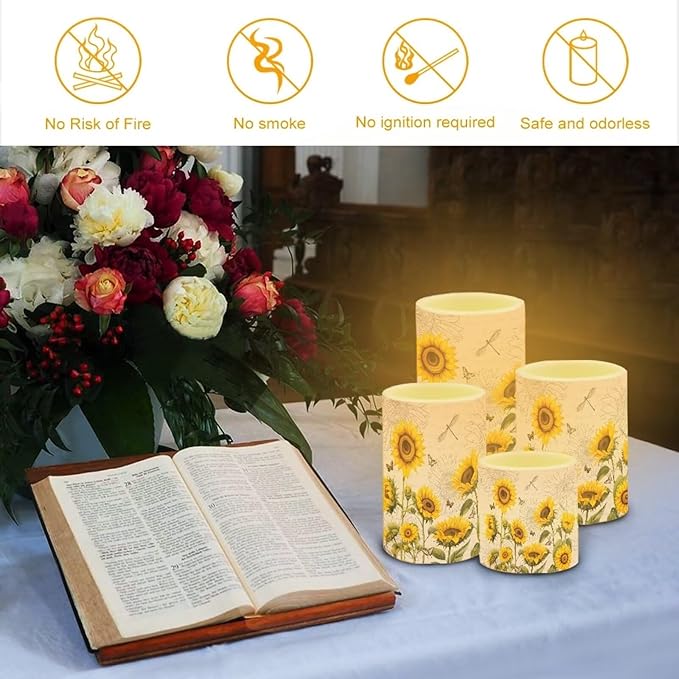 Flameless LED Candles Electric Candle Set with Remote Timer Color Changing Control Long Lasting for Table Centerpiece Home Indoor Decoration Pack of 4, Sunflower Dragonfly Retro