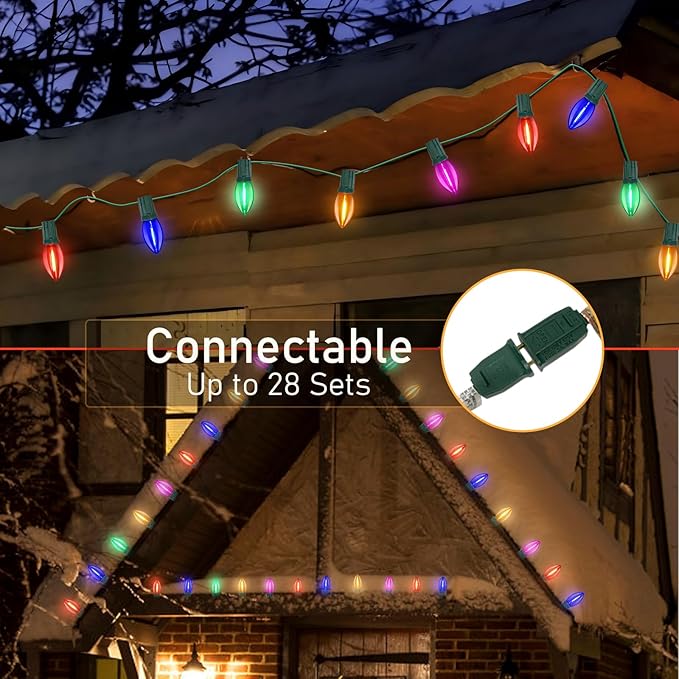 C9 LED Christmas Lights Outdoor,25FT Multicolored Christmas Lights with 26 Colorful Clear Multicolor LED Bulbs,Connectable Old Fashioned Christmas Lights for Garden Patio Xmas Tree Party Home Decor