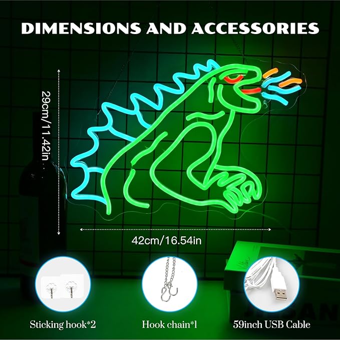 Monster Neon Sign Dimmable Dinosaur Neon Signs for Wall Decor LED USB Powered Anime Neon Light Sign for Bedroom Game Room Bar Party Club Man Cave Decoration Boys Birthday Gifts