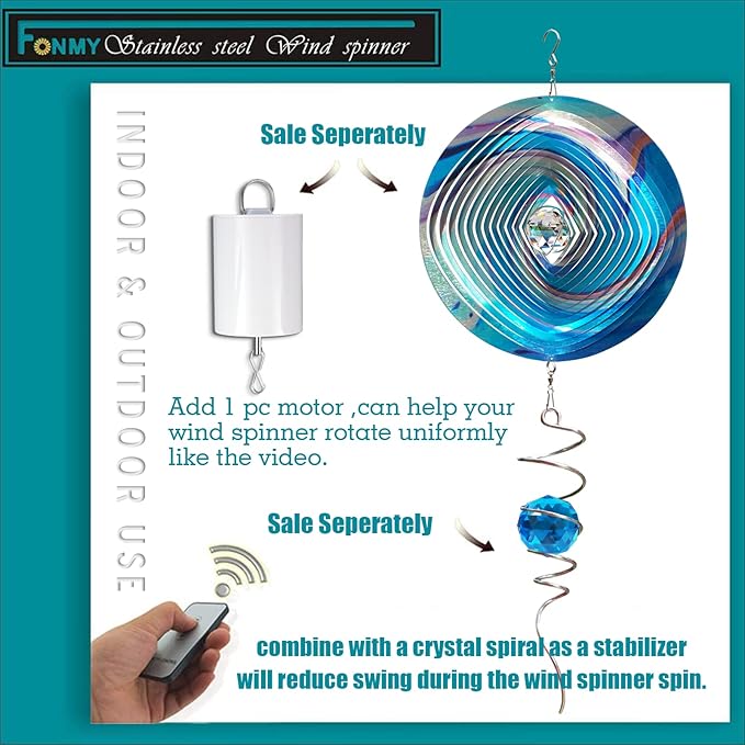 FONMY Mandala Wind Spinner w/Crystal Ball 3D Stainless Steel Hanging Wind Spinner Worth Gift Christmas Decoration Indoor/Outdoor Garden Décor Kinetic Yard Art 12 Inches Multi Blue Wind Sculpture