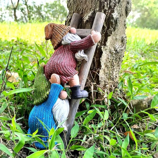 Garden Gnome Statue, Funny Climbing Ladder Gnomes Figurine Resin Sculpture Outdoor Decor for Patio Yard Lawn Porch Ornaments Gift