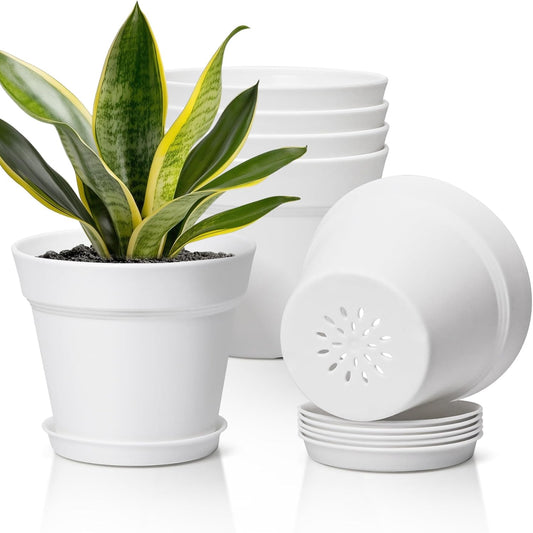 T4U 7.5 Inch Plant Pots 6 Pcs, Flower Pots for Plants, Plastic Planter Pots for Indoor Plants with Drainage Holes and Saucer (6 Pcs, 7.5", White)