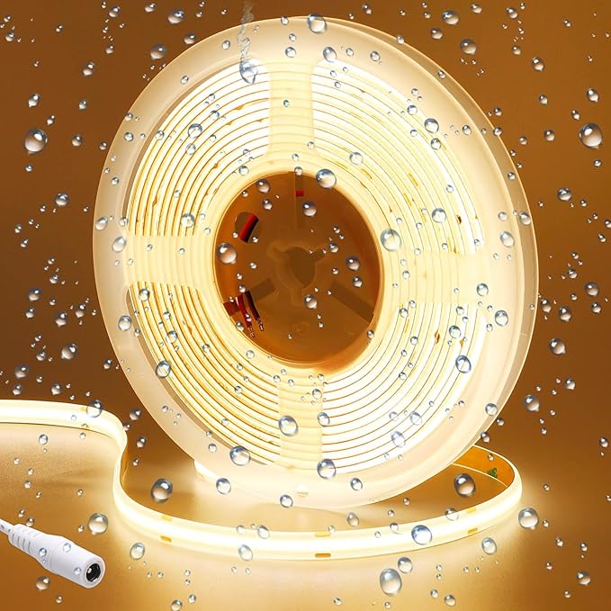 24V COB LED Strip Light Warm White 3000K 5M/16.4ft 2400LEDs Waterproof IP65 Uniform Glow CRI 93+ Flexible LED Tape Lights for DIY Cabinet Bedroom Kitchen Home Decor(No Power Supply)
