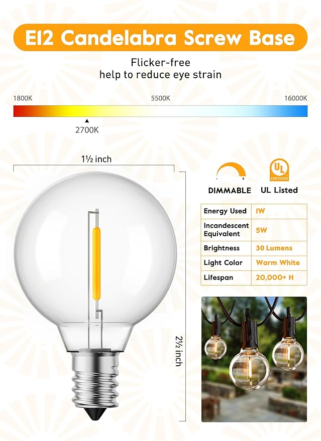 Brightown G40 Replacement LED Light Bulbs, 25 Pack Clear Globe Bulb fits E12 C7 Candelabra Screw Base Sockets, 1.5 Inch Dimmable Edison Light Bulbs for Indoor Outdoor Patio Decor, Warm White