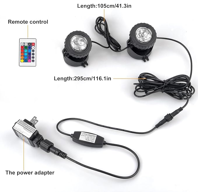 RGB Pond Lights with Timer, LED Underwater Submersible Colorful Landscape Spotlights, 98ft Remote Control IP68 Waterproof Fountain Lights for Fish Aquarium Tank Garden Yard Pool (Set of 2)