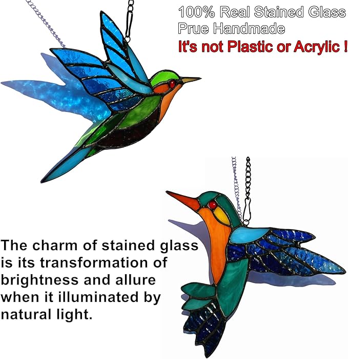 2 Packs Stained Glass Hummingbird Suncatcher Window Hanging Ornament, Stained Glass Birds Suncatcher for Window Decor, Hummingbird Gifts for Women, Mom, Birds Lovers