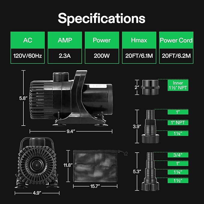 VIVOSUN 2600 GPH Submersible Water Pump with Barrier Bag, Ultra Quiet 200W Pond Pump for Pond, Waterfall, Fish Tank, Statuary, Hydroponic, 20Ft. Lift Height