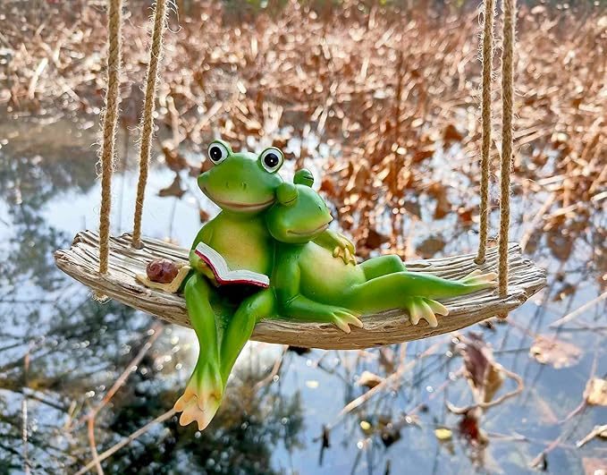 Artisan Flair Hanging Swing Frog Statues - Frog Statues for Garden Outdoors, Reading Book Frog Statue Figurine, Resin Couple Frog Statue for Garden, Balcony, Tree Decoration