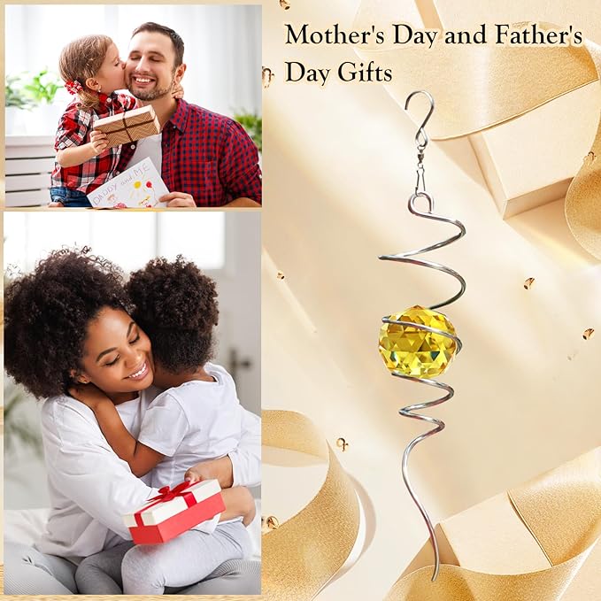 Gazing Ball Spiral Tail, Wind Spinner Stabilizer, Sun Catcher Metal Decor with Golden Crystal Glass Ball & Swivel Hook, Indoor Outdoor Decoration Garden Art Ornament Decorative Gifts 13 inch