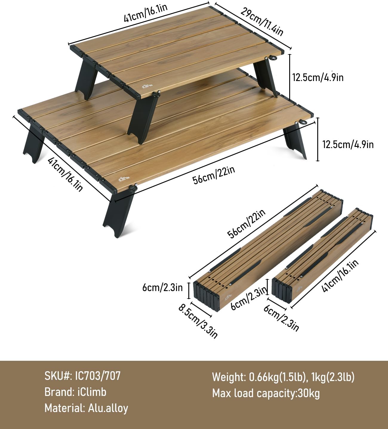 iClimb Ultralight Compact Mini Beach Picnic Folding Alu. Table with Carry Bag, Two Size (Nature - L)