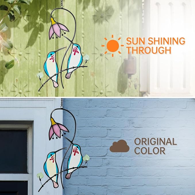 2 Hummingbirds Stained Glass Suncatcher for Windows Hangings Ornament, Hummingbird Sun Catchers Gifts for Women,Indoor Window Decor, Memorial Gifts for Mom/Bird Lovers