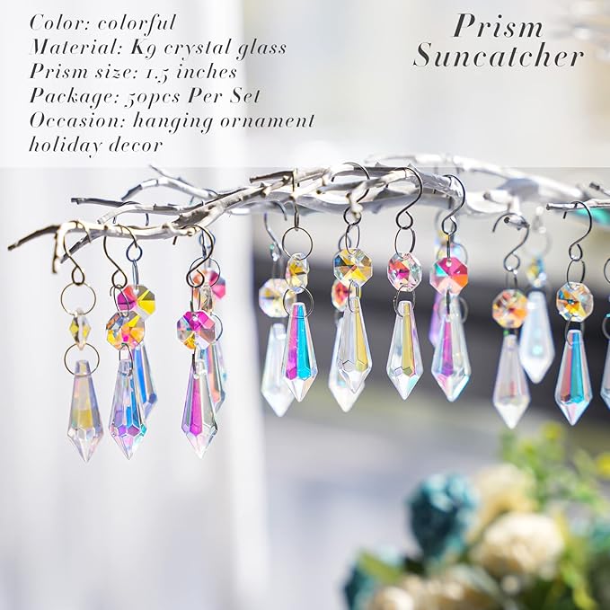 50pcs Colorful Crystal Icicle Prisms for Chandeliers, 38mm Chandelier Crystals Glass Prisms Pendants, Chandelier Crystals Replacement Parts with Octogan Beads for Wedding,Party Decoration