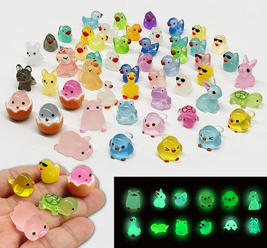 Luminous Mini Resin Animals 50 Pcs Tiny Animals to Hide Around The Office Home Mini Ducks Tiny Frogs Small Birds Glow in The Dark for Crafts Fairy Garden Accessories