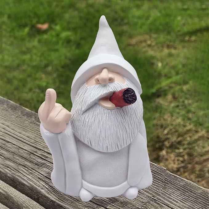 MINICAR 8'' H Funny Middle Finger Gnomes Statues Outdoor Decor, Naughty Smoking Wizard Sculptures Garden Yard Lawn Decorations, Unique Paintable Gifts