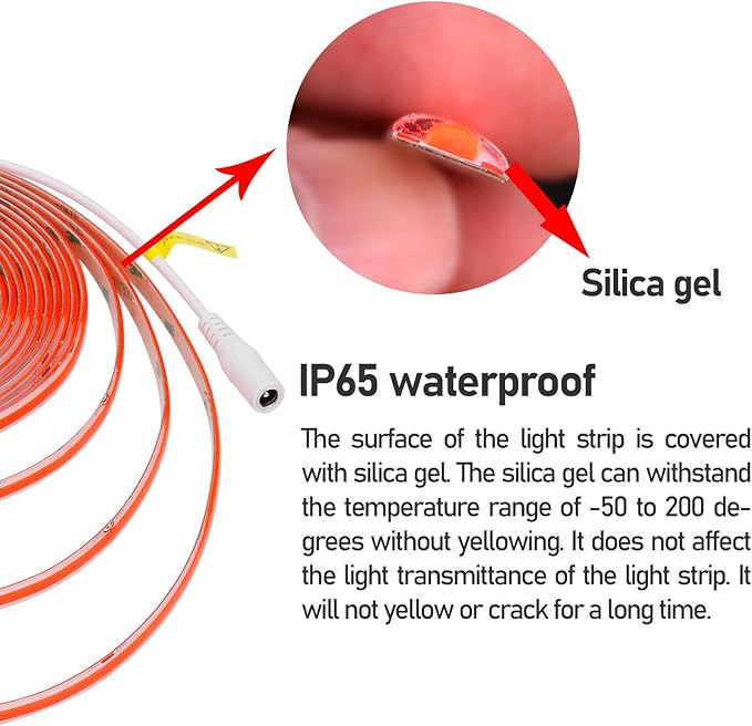 DC 24V COB LED Strip Light Red IP65 Waterproof 5M/16.4ft Uniform Glow 2400LEDs Flexible LED Tape Lights for DIY Garden Backyard Hallways Stairs Decor(No Power Supply)