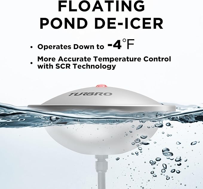 TURBRO Pond De-icer, Floating Pond Heater with 32.8 ft. UL Approved Cord, Full Stainless Steel Casing, GFCI Leakage Protection Plug, for Outdoor Ponds with Fish, 400 Watts, PD400A, Silver