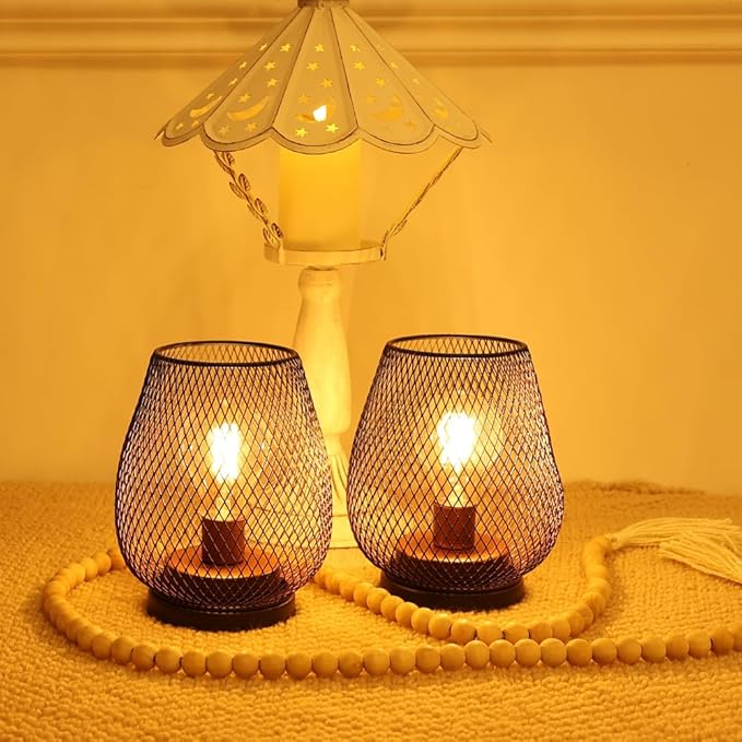 DECORKEY Set of 2 Rechargeable LED Table Lantern, Brown Metal Cage Cordless Lamps with LED Bulb，Vintage Decorative Outdoor Lantern for Weddings, Parties, Patio, Events for Indoors Shelf Decor