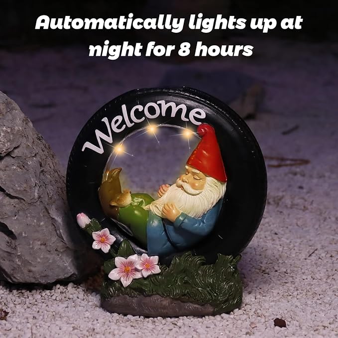 WONDER GARDEN Gnome Garden Decor for Outside - Welcome Gnome Solar Powered LED Light Outdoor Decor, Gnomes Statues Outdoor Funny Resin Garden Sculpture Decorations for Patio, Lawn
