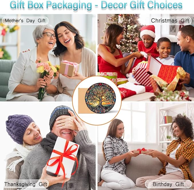 Tree of Life Suncatcher Stained Glass Window Hanging - 8″ Handmade Sun Catchers Indoor Window Valentines Day Decorations with Hooks and Chain - Wall Art Home Decor Panel Gifts for Women Men Mom Dad