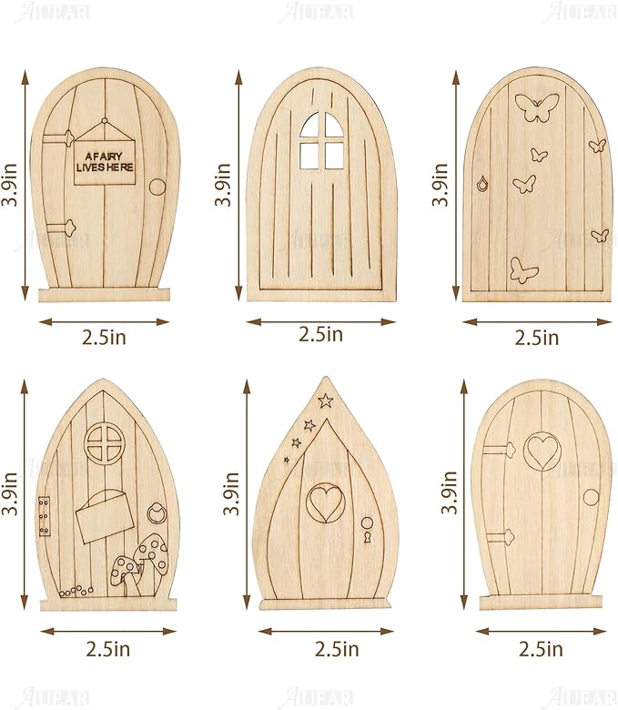 AUEAR, 24 Pack Fairy Door Miniature Wooden Garden Doors Windows Unfinished Window Accessories Mini House DIY Craft for Wall Home Party Decoration (6 Styles)