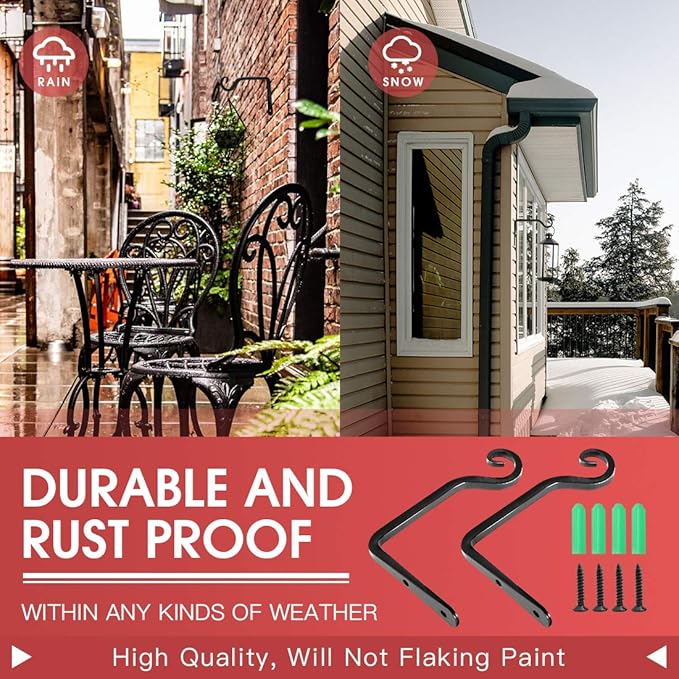 Jardim 2 Pack 6 Inch Premium Decorative Metal Iron Wall Hook, Indoor Outdoor Plant Hanger, Rustic Hanging Gardening Bracket Hook, for Planters, Bird Feeders, Lanterns, Wind Chimes (Black)