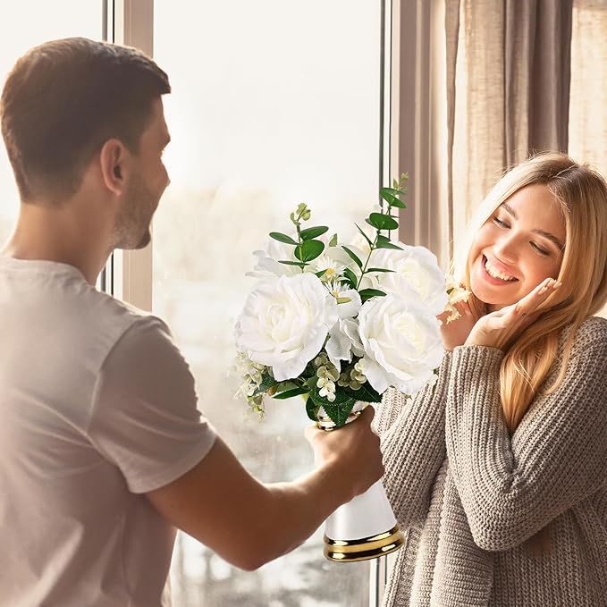 LoveLin Artificial Faux Flowers with Ceramic Vases，Affordable Luxury Artwork，Housewarming New Year Xmas Box for Wife Father，Living Dining Room Bedroom Office Hotel Home Decor White