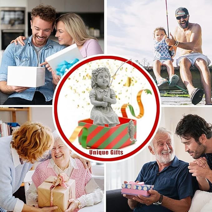 Goodeco Fishergirl Statue Garden Decor - 11" Little Fishing Guy for Koi Pond or Waterfalls, Poolside Statue with Glow in Dark Pebbles Included, Great Gifts for Mom, Women or Birthdays, Gift Ideas