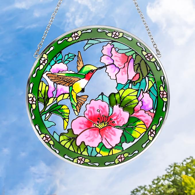 Suncatcher Stained Glass,100% Stained Glass Window Hanging,Hummingbird Sun Catchers Indoor Window Decor,Suncatchers for Windows Hanging, Stained Glass suncatcher Gifts for Women、Christmas (6.5 inch)