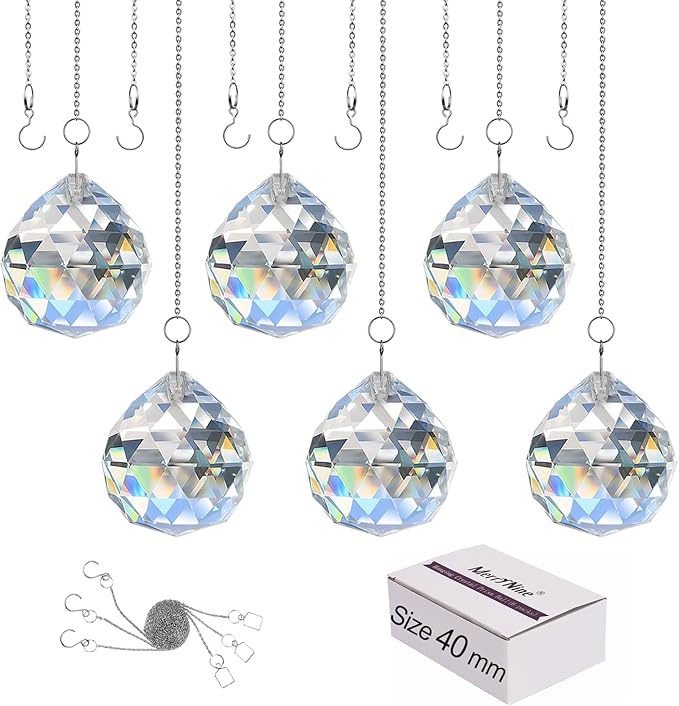 MerryNine 6 Pcs 40mm Clear Crystal Ball Prism Sun Shine Catcher Rainbow Pendants Maker, Hanging Crystals Prisms for Windows, for Feng Shui, for Gift (1.6"/40mm 6Pack)
