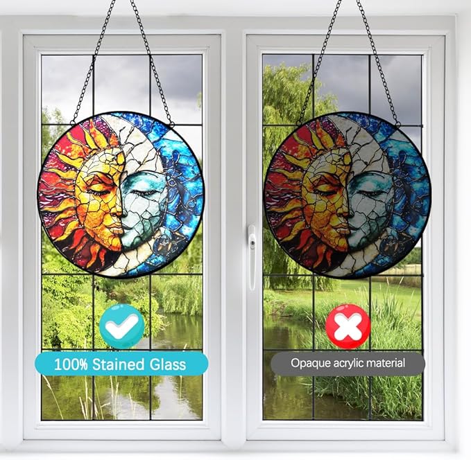 Sun and Moon Decor Stained Glass Window Hanging Suncatchers - Sun Catchers Indoor Window Christmas Decorations - Stained Glass Suncatcher with Hooks and Chain - Celestial Decor Gift for Men Women