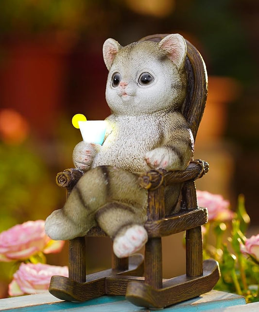 Solar Cat Statue Garden Decor: Outdoor Indoor Figurine for Clearance Outside Lawn Porch Desktop Accessories - Gifts for Mom Women