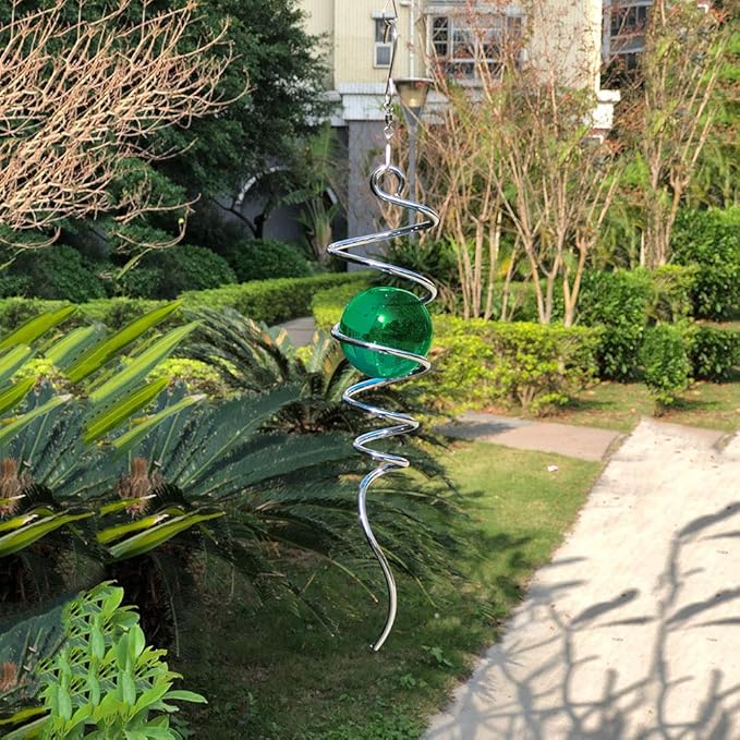 FONMY Gazing Ball Spiral Tail Wind Spinner Stabilizer with Swivel Hook 11inch Stainless Steel Tail and 2 inch Green Glass Orb. Indoor Outdoor Garden Decoration Hanging Ornaments 13 inch Height
