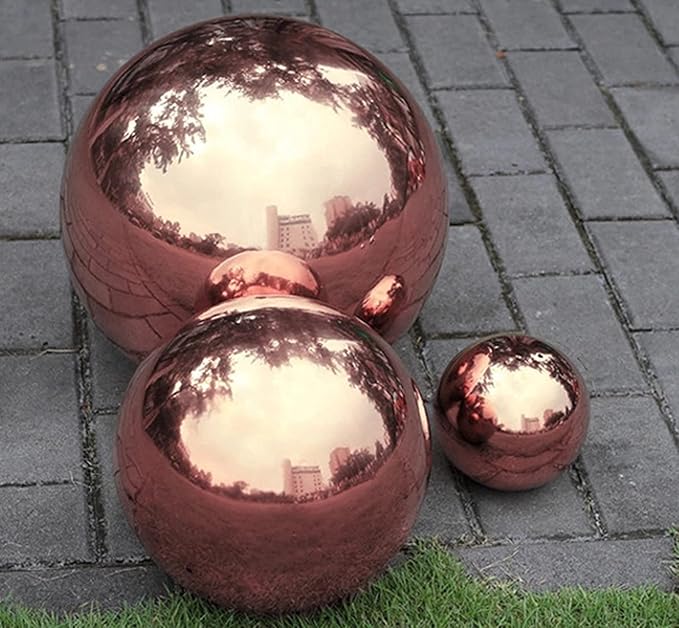 Nerien Gazing Ball, Stainless Steel Garden Mirror Globe, Polished Ornament Sphere, Hollow Floating Reflective Hemisphere, for Home Outdoor Pond Housewarming Swimming Pool Decoration, Rose Gold, 5Pcs