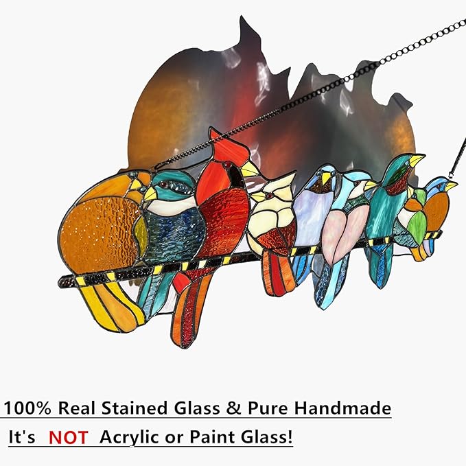 Stained Glass Birds Window Hangings, 9 Multicolor Stained Glass Birds on Branch Suncatcher, Handmade Tiffany Style Glass Birds Lovers Gifts Decor for Mother, Women