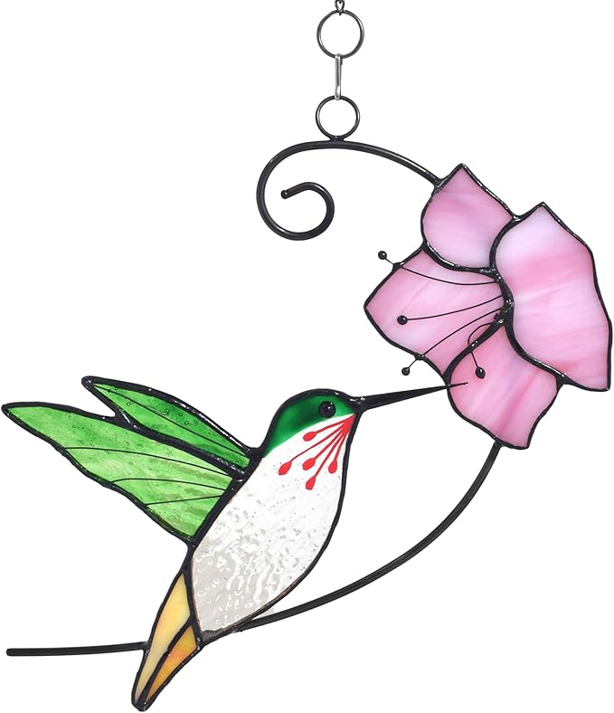 Lolitarcrafts Hummingbird with Flower Stained Glass Suncatcher Bird Stained Glass Window Hangings Hummingbird Gift for Home Decor (Green with Flower)